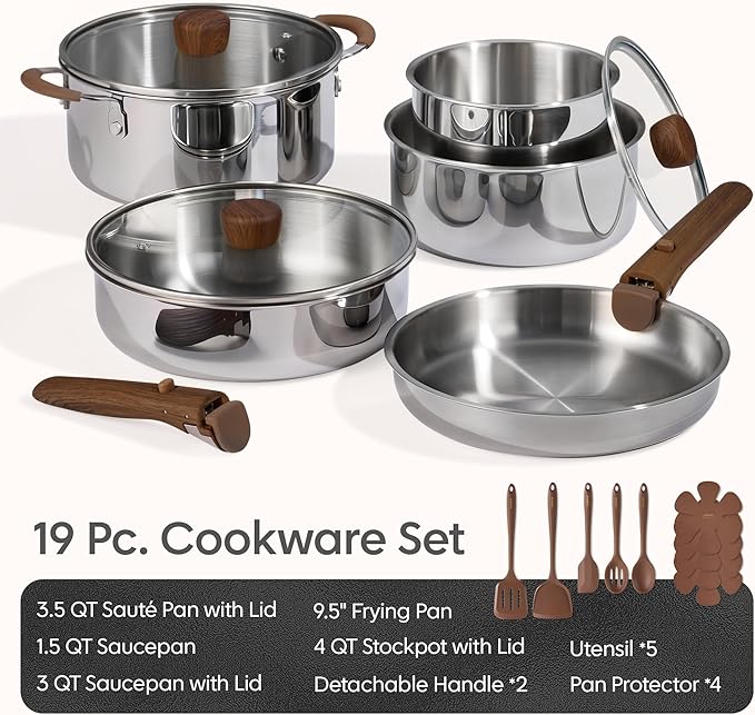 CAROTE 19pcs Stainless Steel Cookware Set with Detachable Handle, Pots and Pans Set, Induction Kitchen Cooking Sets, RV/Camping Cookware, Removable Handle, Oven Safe, Woodgrain