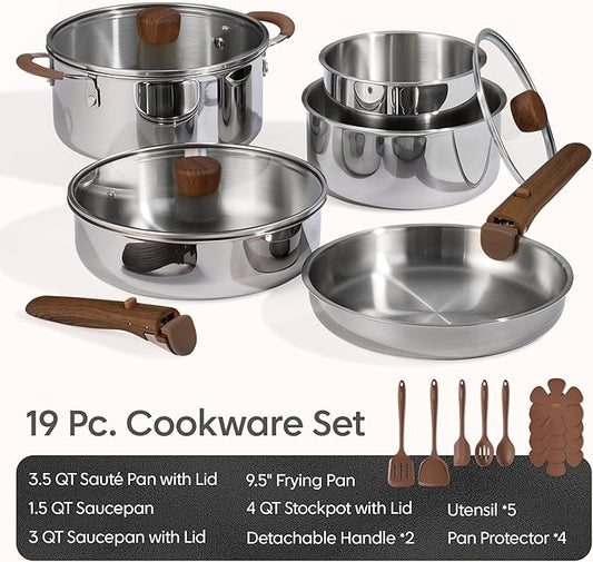 CAROTE 19pcs Stainless Steel Cookware Set with Detachable Handle, Pots and Pans Set, Induction Kitchen Cooking Sets, RV/Camping Cookware, Removable Handle, Oven Safe, Woodgrain