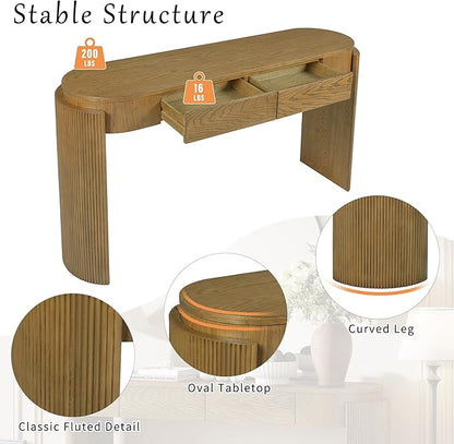 Entryway Table with Natural Wood Grain Finish, Console Table with Fluted Design, Oval Top and 2 Drawers for Entryway and Living Room (Pine Wood)