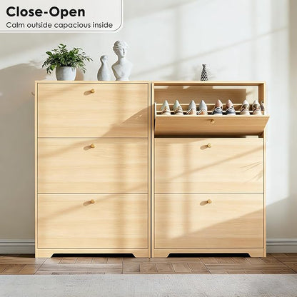 Nicetree Shoe Cabinet with 3 Flip Drawers，Freestanding Shoe Storage Cabinet, Narrow Shoe Organizer Cabinet, Farmhouse Slim Shoe Rack Cabinet for Entryway,Natural Oak with Hook