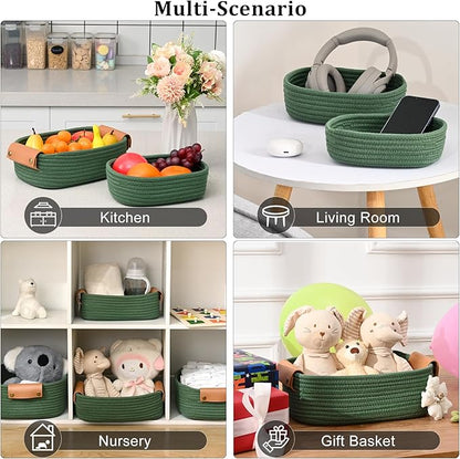 Storage Baskets for Organizing, Small Woven Basket Set of 6-4 Shelf Basket with Leather Handle and 2 Small Gift Baskets, Cotton Rope Basket for Shelves, Nursery, Dog Toy, Bathroom
