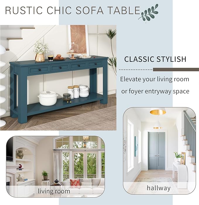 Knocbel Console Table Hallway Entryway Side Table, 63" Long Sofa Table Furniture with 4 Drawers and Bottom Shelf for Living Room Home Decor, New Dark Blue