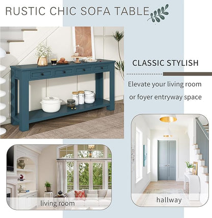 Knocbel Console Table Hallway Entryway Side Table, 63" Long Sofa Table Furniture with 4 Drawers and Bottom Shelf for Living Room Home Decor, New Dark Blue