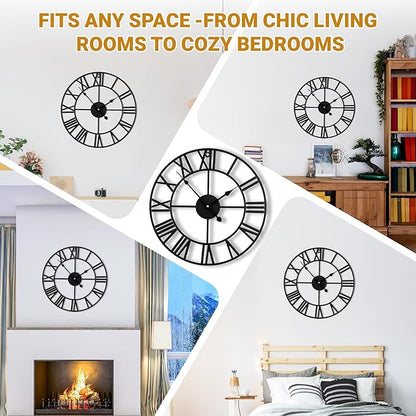 Blorple 20inch/50cm Large Wall Clocks for Living Room Decor,Modern,Battery Operated,Silent,Non Ticking,Big Black Round Wall Clock for Home,Farmhouse,Office,Decoration(Iron Roman Numerals, 20 inches)