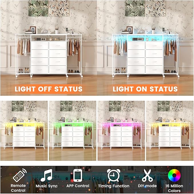 59.1" W Dresser for Bedroom with Hanging Rack, 8 Drawer Dresser with LED Lights & Charging Station, Fabric Dressers with Portable Wheels,Metal Frame, Wooden Top (White)