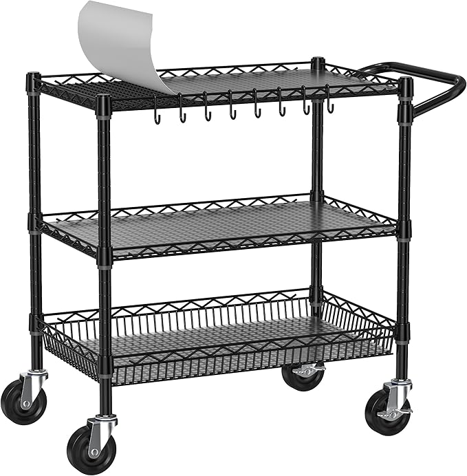 Folews Heavy Duty Rolling Cart with Wheels, 3 Tier Commercial Grade Utility Cart, Metal Kitchen Storage Trolley with Handle Bar & Shelf Liner for Food Service Tool, Black