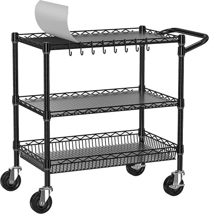 Folews Heavy Duty Rolling Cart with Wheels, 3 Tier Commercial Grade Utility Cart, Metal Kitchen Storage Trolley with Handle Bar & Shelf Liner for Food Service Tool, Black