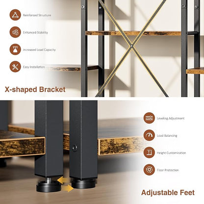 Shintenchi Triple Column 4 Tier Bookshelf, Industrial Large Bookcase Display Shelves, Large Etagere Bookshelf,Wide Book Shelf Book Case for Home & Office, Rustic Brown