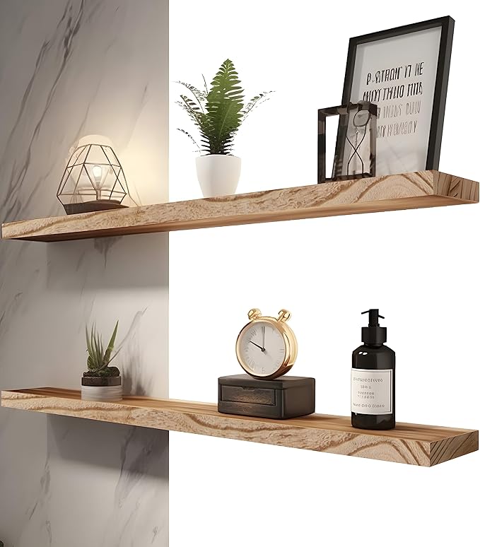 YYWUOJJ Wood Floating Shelves for Wall, Rustic Wall Shelves for Bedroom, Wall Mounted Floating Shelf, Set of 4 Light Walnut 36 Inch