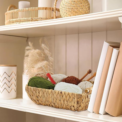 Greenatural Water Hyacinth Storage Baskets Set of 2, 15x10.75x5 in Handwoven Rectangular Organizers with Wooden Handles, Wicker Baskets for Shelf, Bathroom, Kitchen, Office, Natural Home Decor