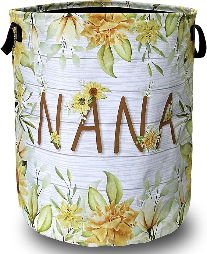 Nana Laundry Basket Foldable With Handles Yellow Sunflowers Tote Bag Oxford Cloth Colorful Floral Laundry Hamper Clothe Storage Bucket Toy Organizer 18.9"x16.5"For Bathroom/Laundry/Bedroom