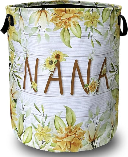Nana Laundry Basket Foldable With Handles Yellow Sunflowers Tote Bag Oxford Cloth Colorful Floral Laundry Hamper Clothe Storage Bucket Toy Organizer 18.9"x16.5"For Bathroom/Laundry/Bedroom