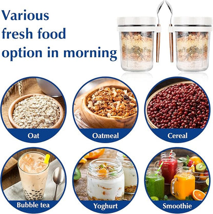 PFUM Overnight Oats Jars with Spoon and Lid 16 oz [2 Pack], Airtight Oatmeal Container with Measurement Marks, Mason Jars with Lid for Cereal On The Go Container (2pcs white)