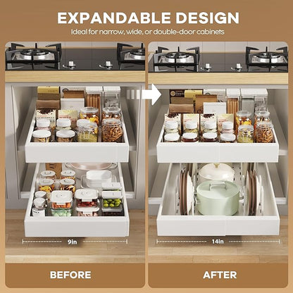 Seinloes 4 Pack Pull out Cabinet Organizer 21" Deep With Raising Pad for Framed Cabinets, Expandable (9"-14" W) Slide out Drawers for Kitchen Cabinets with 4pcs Divider Racks, Roll out Shelves, White