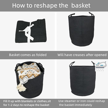 Black Cotton Rope Laundry Basket Hamper for Clothes Woven Storage Basket for Living Room Bedroom Boho Tall Rope Baskets for Blanket Toys Pillow Towels Baby Nursery Hamper Bin Large