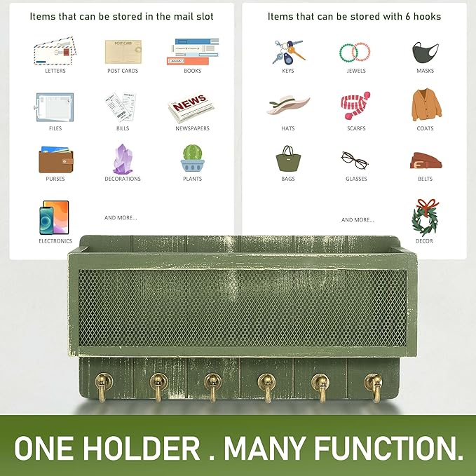 Rebee Vision Pine Wood Mail and Key Holder for Wall Decorative – Key Holder Wall Mount with Hooks and Mail Basket for Home Essentials – Wooden Farmhouse Storage Rack for Apartment (Green)