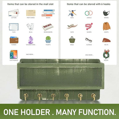 Rebee Vision Pine Wood Mail and Key Holder for Wall Decorative – Key Holder Wall Mount with Hooks and Mail Basket for Home Essentials – Wooden Farmhouse Storage Rack for Apartment (Green)