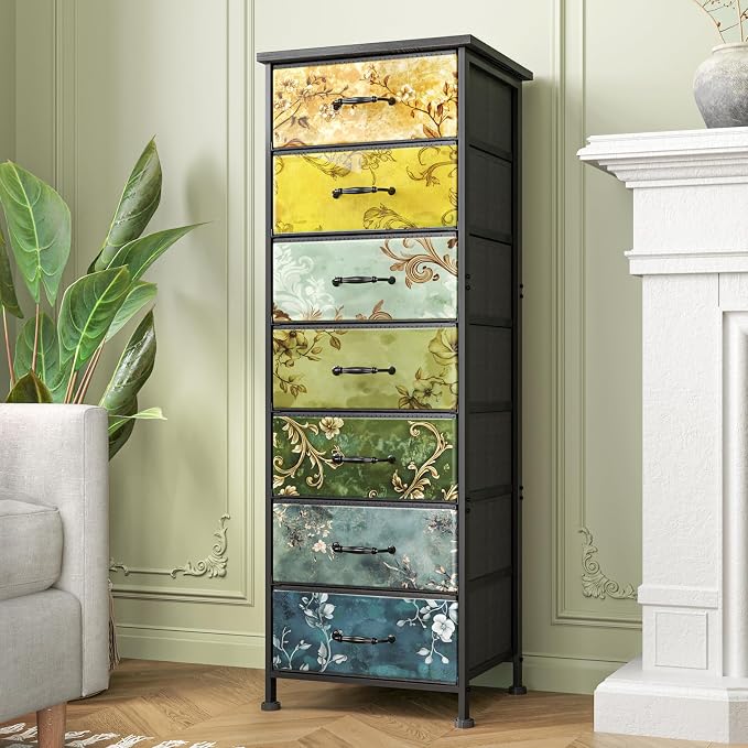 Fixwal Vintage Flower Tall Dresser for Bedroom, Storage Dresser Organizer with 7 Fabric Drawers, Nightstand Furniture in Closet, Entryway