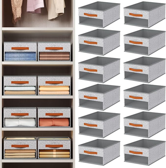 Homsorout Drawer Organizers and Storage - 12 Pack Foldable Pants Organizer with Clear Window & Handles, Fabric Closet Organizer for Clothes, Jeans, Sweaters, Towels, T-shirt, Scarf (Ant Light Gray)