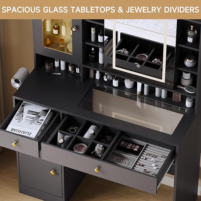 Vanity Desk with Mirror and Lights, Black Vanity with Lighted Mirror and RGB Cabinet & Jewelry Organizers, Makeup Vanity Desk with Lights, Glass Top Dressing Table for Girls Bedroom
