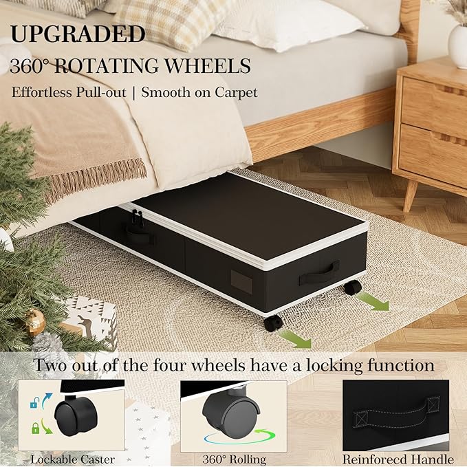 GoMaihe Under Bed Storage with Wheels: 70L Rolling Bins for Wrapping Paper Storage, Toys, Clothes - Includes Mesh Bag & Adjustable Dividers, Metal Frame Easy Pull-out Black 1-Pack