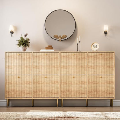 Nicetree Shoe Storage Cabinet for Entryway - 4 Flip Drawers Shoe Cabinet with Tiered Fluted Design - Slim Shoe Storage Rack with Gold Legs - Narrow Shoe Cabinet Hidden Shoe Organizer for Small Spaces