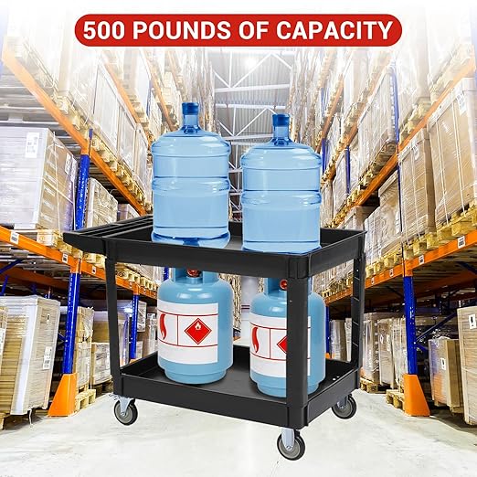 Utility Cart on Wheels, 500 lbs Capacity, 45 x 25 Inch Rolling Work Carts with Storage Handle, 2 Shelf Plastic Service Cart Suitable for Warehouse, Garage, School & Office, Cleaning, Black