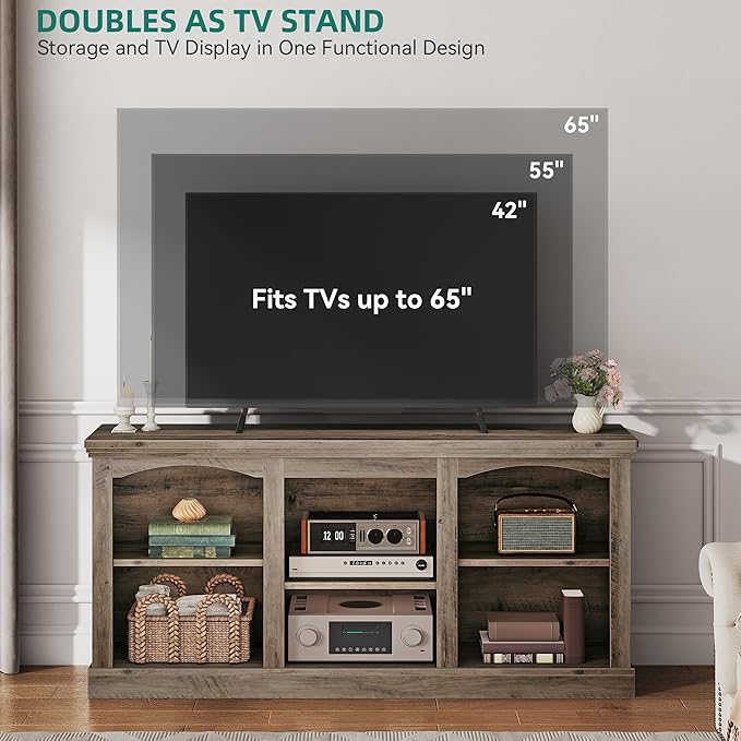YITAHOME Farmhouse TV Stand with Cord Management for 65 Inch TV, Entertainment Center with Adjustable Shelf & Open Storage, 59" TV Console Table for Living Room (Washed Grey)