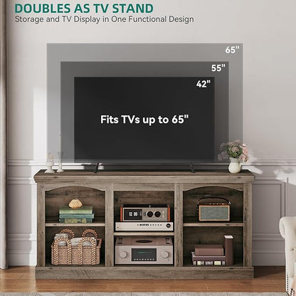 YITAHOME Farmhouse TV Stand with Cord Management for 65 Inch TV, Entertainment Center with Adjustable Shelf & Open Storage, 59" TV Console Table for Living Room (Washed Grey)