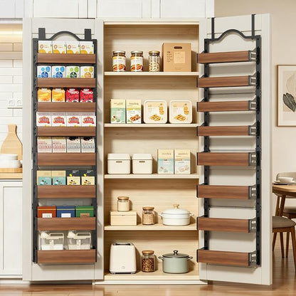 8-Tier Pantry Door Organizer, Over the Door Pantry Organizer with Wooden Adjustable Baskets, 2 IN 1 Spice Rack Wall Mount or Door Organizer, Door Spice Rack（12.4"W x 5.5"D x 66.1"H,1 Pack, Black)