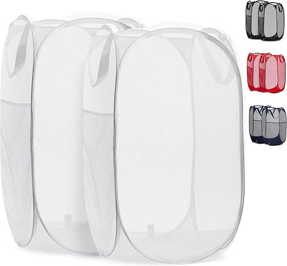 Handy Laundry Collapsible Mesh Pop Up Laundry Hamper 2-Pack, Wide Opening, Side Pocket, Space-Saving Foldable Basket for Clothes, Travel, Dorm, Kids Room, Breathable & Durable (White)