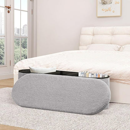 B FSOBEIIALEO Ottoman with Storage for Living Room, Sherpa Folding Storage Ottoman Foot Rest, 43.3 Inches Collapsible Bedroom Bench Grey