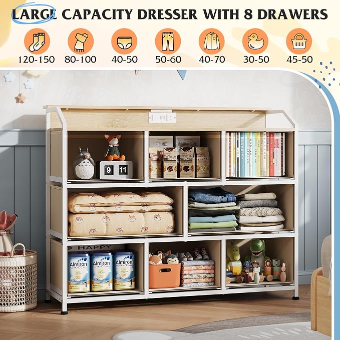 WLIVE Led Dresser for Bedroom, TV Stand for Bedroom with LED Lights and Power Outlet, Wide Chest of Drawers for Hallway, 8 Fabric Drawers for Living Room and Entryway, Cream White
