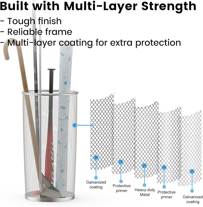 19.5" H Mesh Umbrella Stand - Ventilated Mesh Umbrella Holder for Entryway - Extra Capacity Storage for Umbrellas Canes & More - Freestanding Indoor Organizer 10.4" L x 10.4" W x 19.5" H - 4P Silver