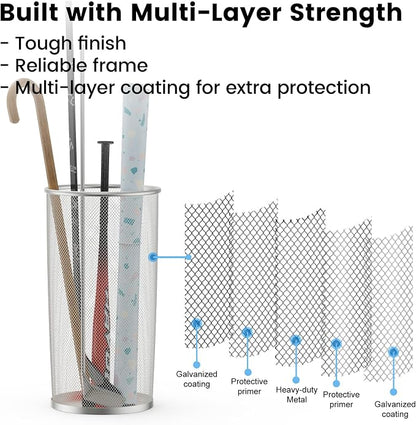 19.5" H Mesh Umbrella Stand - Ventilated Mesh Umbrella Holder for Entryway - Extra Capacity Storage for Umbrellas Canes & More - Freestanding Indoor Organizer 10.4" L x 10.4" W x 19.5" H - 4P Silver