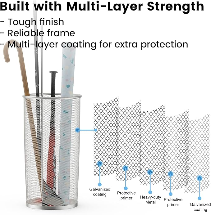 19.5" H Mesh Umbrella Stand - Ventilated Mesh Umbrella Holder for Entryway - Extra Capacity Storage for Umbrellas Canes & More - Freestanding Indoor Organizer 10.4" L x 10.4" W x 19.5" H - 3P Silver