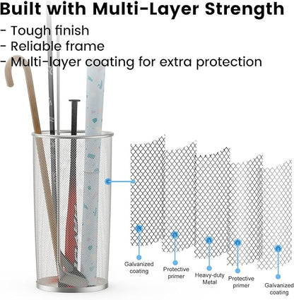 19.5" H Mesh Umbrella Stand - Ventilated Mesh Umbrella Holder for Entryway - Extra Capacity Storage for Umbrellas Canes & More - Freestanding Indoor Organizer 10.4" L x 10.4" W x 19.5" H - 3P Silver