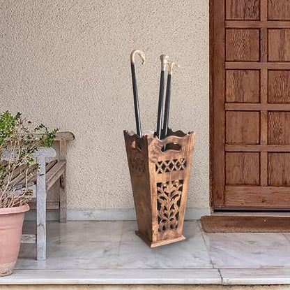 Antique Wooden Umbrella Stand & Walking Cane Holder for Home, Office & Entryway | Hand-Carved Solid Wood Umbrella & Cane Storage Rack | Size 21.5 x 8 x 8 in, Base 7.5 x 7.5 inches