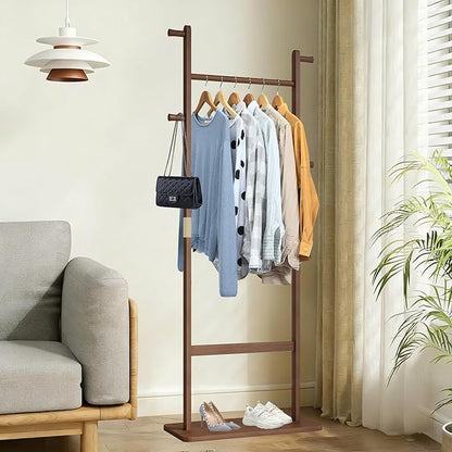 Freestanding Coat Rack with 2 Storage Shelves and 5 Hooks, Heavy Duty Wood Garment Rack for Bedroom, Hallway, Entryway (23.6x11x64 in)