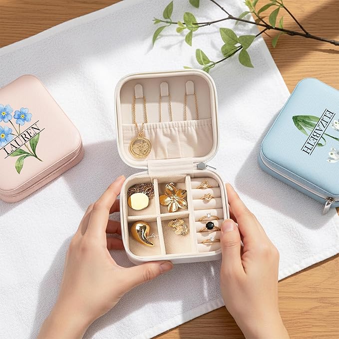 Custom Travel Jewelry Box with Name Birth Flower, Birthday Gifts for Women, Bridesmaid Proposal Gifts Personalized Small Travel Jewelry Case, Customized Gifts for Teen Girls