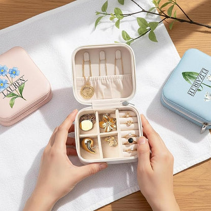 Custom Travel Jewelry Box with Name Birth Flower, Birthday Gifts for Women, Bridesmaid Proposal Gifts Personalized Small Travel Jewelry Case, Customized Gifts for Teen Girls