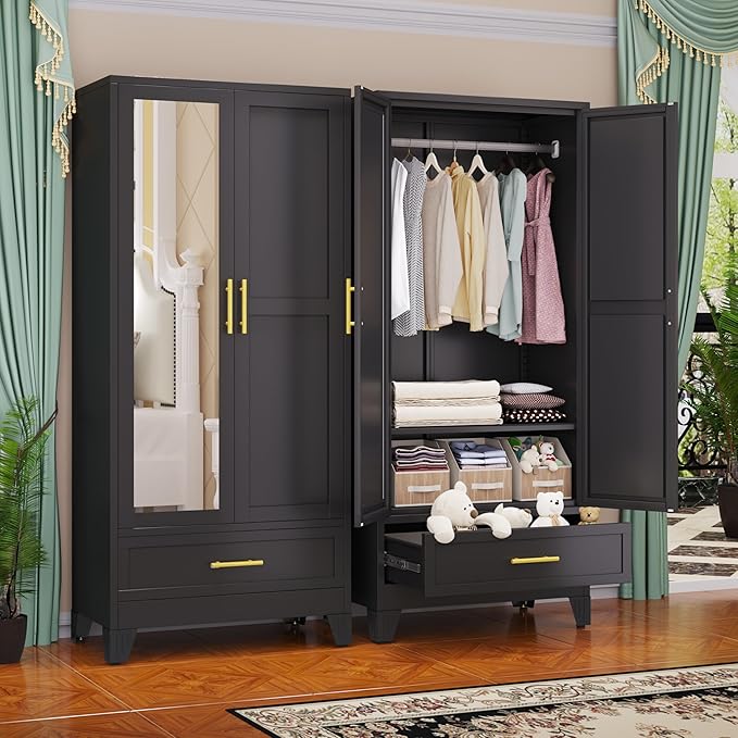 Steel Armoire Wardrobe Closet with Mirror Doors, 71" Household Wardrobe Cabinet with Hanging Rod and Drawer, Metal Clothing Storage Cabinet with Adjustable Shelf for Bedroom, Cloak, Gym(Black)