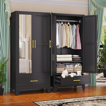 Steel Armoire Wardrobe Closet with Mirror Doors, 71" Household Wardrobe Cabinet with Hanging Rod and Drawer, Metal Clothing Storage Cabinet with Adjustable Shelf for Bedroom, Cloak, Gym(Black)