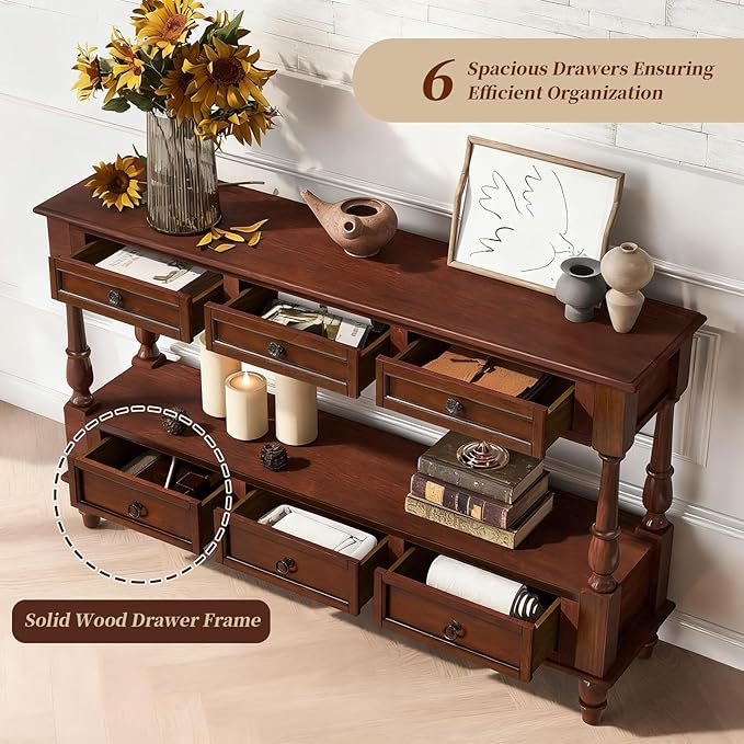Vintage Solid Wood Console Table with 6 Drawers - 54" Hallway Sofa Table with Bottom Shelf for Entrance, Living Room & Foyer, Cherry