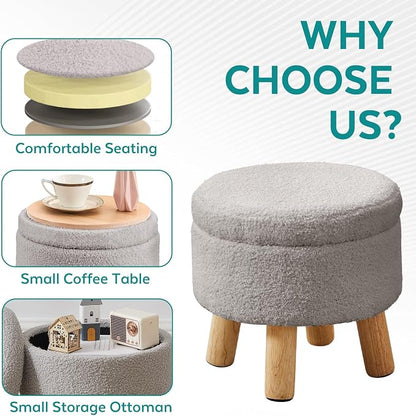 Small Foot Stool Ottoman with Storage, Sherpa Ottoman Foot Rest for Couch, Round Footstool with Storage, Small Ottomans and Footstools for Living Room and Entryway (Light Gray)
