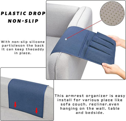 NB Remote Control Holder，Bedside & Armchair & Couch Caddy with Non-Slip Base，5 Pockets Oxford Fabric Bed Desk Storage Pocket for Phone Tablet Kindle Magazines，Gifts for Seniors (Blue， 35"X12.4")