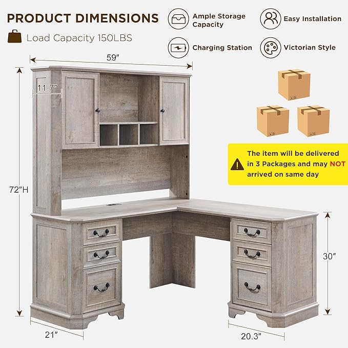 T4TREAM 59" Executive L Shaped Desk with Hutch,Victorian Wood Computer Desk, Featuring Charging Station,File Drawer, Storage Cabinet,for Home Office Work and Study (Light Rustic Oak)