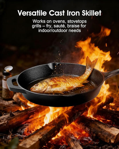 Cast Iron Skillets, 9.5 Inch Frying Pan with Teardrop Handle, Oven Safe, Durable Camping Cookware for Stove & Grill Use, Indoor/Outdoor