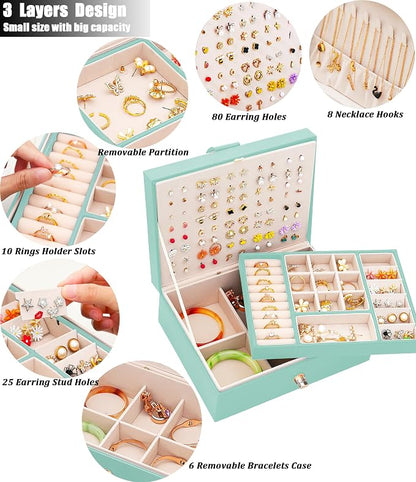 QBestry Girls Jewelry Box for Earrings Jewelry Organizer Box Teen Girls Earrings Organizer Jewelry Box Earring Holder Organizer Stud Earring Box for Girls Womens Jewelry Case Organizer Teal