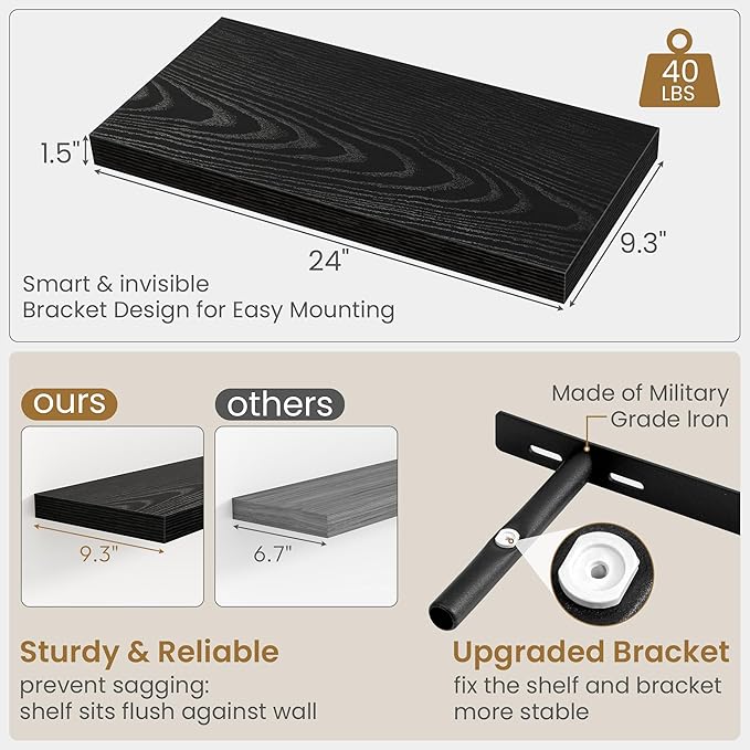 Fun Memories Black Floating Shelves 24 Inch Long, 9.3 Inch Deep Floating Shelf for Lving Room, Bedoom, Kitchen, Deep Wall Shelves for Bathroom, 2 Pack Storage Display Shelf for Books, Decors